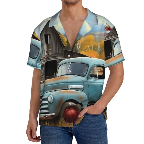 Balery Vintage Truck Farm Scene Camisa Casual de Manga Corta con Botones para Hombre, Texturizada, Estilo Cubano, para Playa, Verano-XX-Large