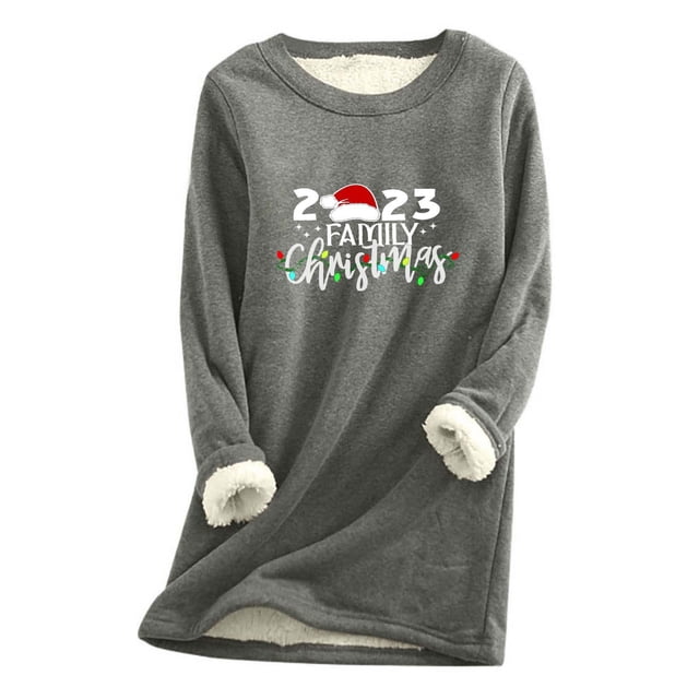 LSLJS Hauts Thermiques pour Femmes, Hauts à Manches Longues Chauds en Peluche Épaissie à Col Rond avec Imprimé de Noël pour Femmes