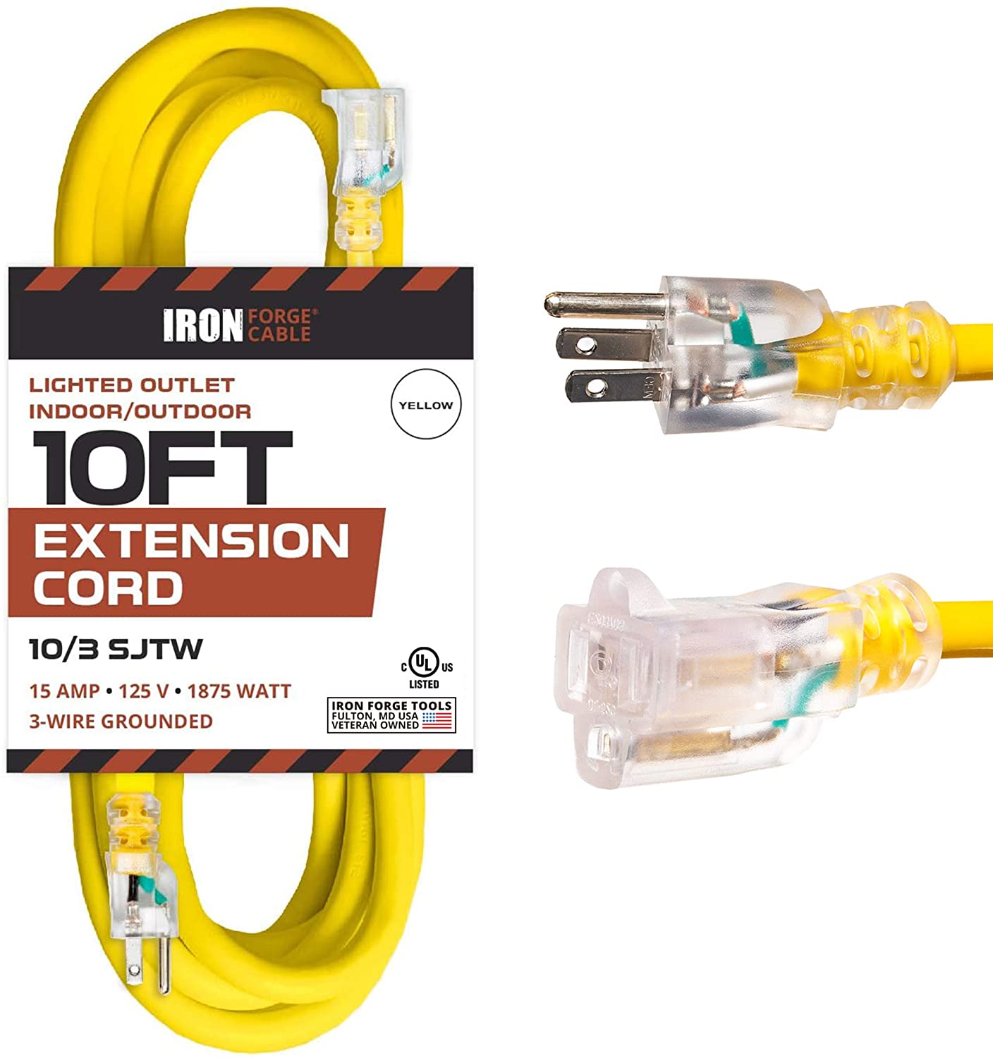 Iron Forge Cable 10 Foot Lighted Outdoor Extension Cord 10/3 SJTW Yellow  10 Gauge Extension Cable with Prong Grounded Plug for Safety Great for  Garden and Major Appliances