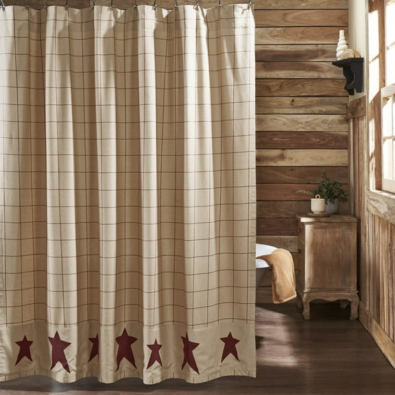 VHC Brands Connell Primitive Shower Curtain Red Bath Decor