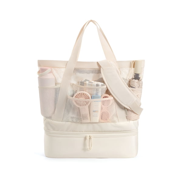 GASTROPOD Beach Bag with Cooler, Pool Bag,Mesh Beach Tote Bag with Zipper and Pockets, for Pool Travel Vacation (Beige)