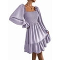 thumbnail image 2 of Women'S Square Neck Lantern Long Sleeve Ruffle Shirred Flowy Party Mini Dress Purple S, 2 of 9