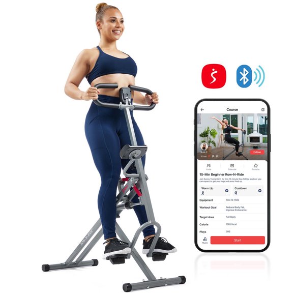 Sunny Health & Fitness Row-N-Ride Pro-Smart Squat Assist Trainer Full Body Fitness Machine, Easy Setup Rower, Glute & Leg Cardio Workout, Included SunnyFit App Connection - SF-A023053