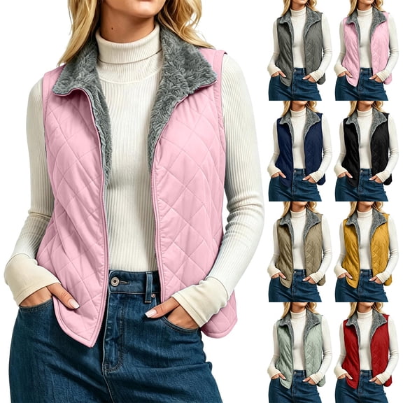 Mittory Women Reversible Fleece‑Lined Quilted Vest, Sleeveless Full‑Zip Stand Collar Outerwear with Side Pockets