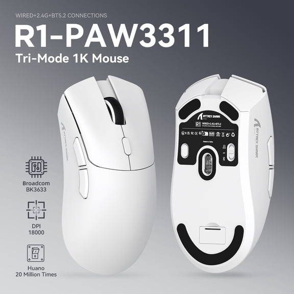 ATTACK SHARK R1 SUPERLIGHT Mouse with Tape, PixArt PAW3311 Gaming Sensor, BT/2.4G Wireless/Wired Gaming Mouse, 6 Adjustable DPI up to 18000, 65 Hrs Battery, Office Mice for Win11/Xbox/PS/Mac