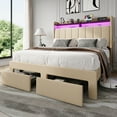 thumbnail image 3 of Amolife Full Size Platform Bed Frame with 2-Tier LED Storage Fabric Wingback Headboard & 2 Storage Drawers, USB & Type-C Charging Ports, Beige, 3 of 12