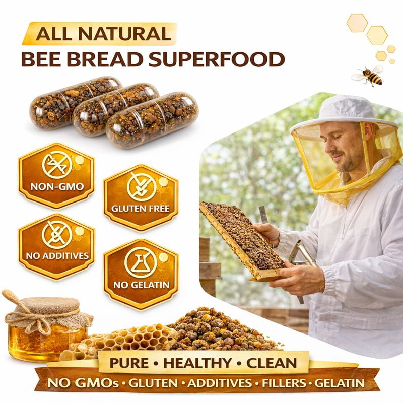Bee Bread 60 Capsules - Fermented Bee Pollen (Perga) - Natural Dietary Supplement for Men and Women