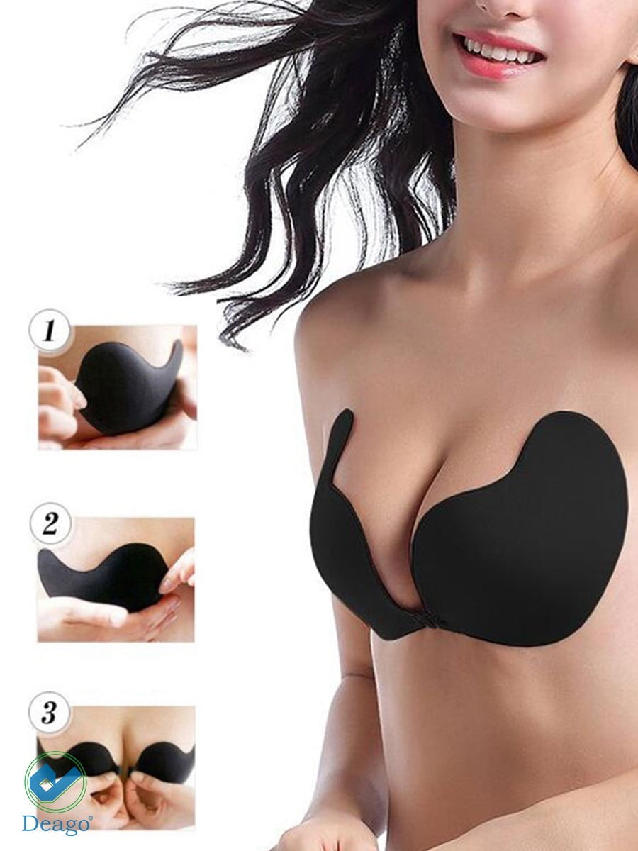 Deago Women's Push Up Strapless Bra Reusable Invisible Silicone Backless  Bras -B Cup Black 