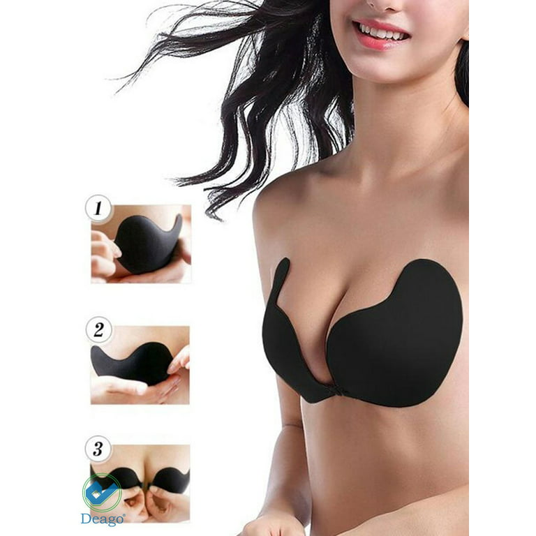 Deago Women's Push Up Strapless Bra Reusable Invisible Silicone Backless  Bras -C Cup Black
