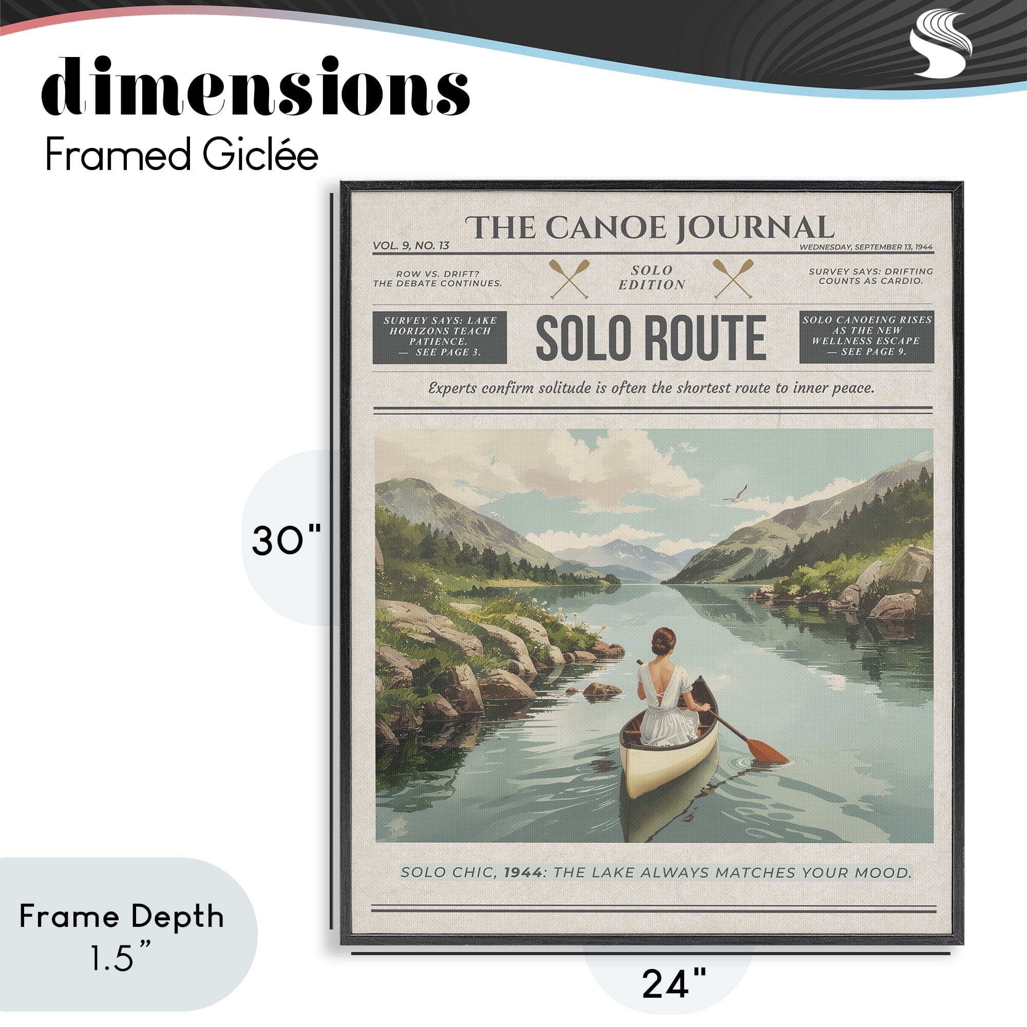 Stupell Industries Canoe Journal Newspaper Black Framed Giclee Art, design by A Barefoot Stylist
