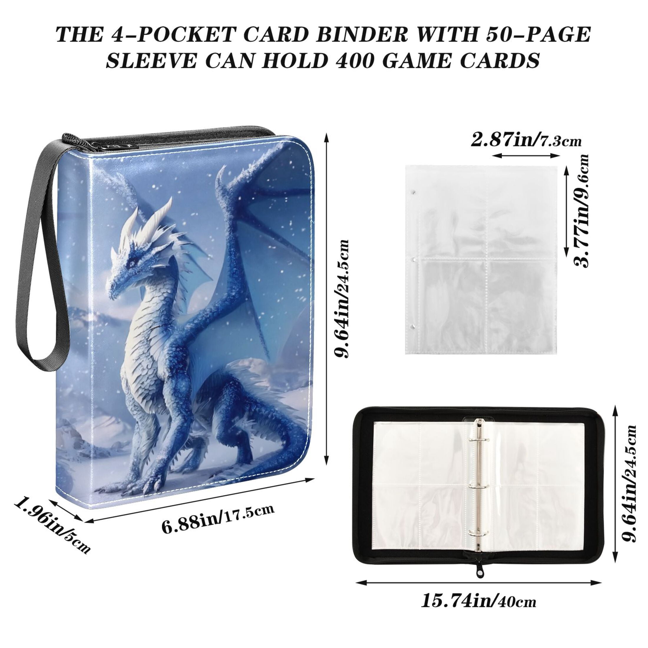 Trading Card Binder Album 400 Pockets 50 Removable 4-Pocket Pages Waterproof Snowy Dragon