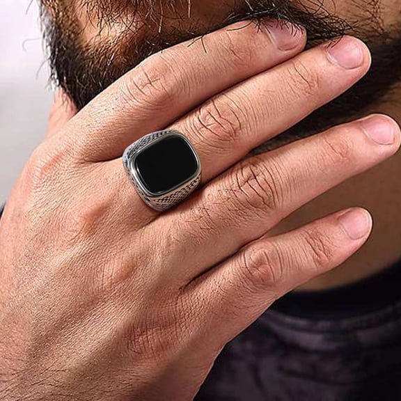 Punk Onyx Stone Signet Rings for Men, Stylish Waterproof 14K White Gold Black Stone Pinky Ring, New Rock Gifts for Him Jewelry