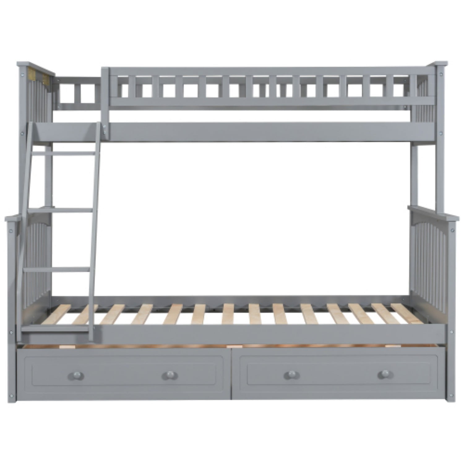 Twin Over Full Bunk Bed with Storage Drawers, Convertible Wood Bunk Bed Frame with Safety Guardrails, Solid Pine Wood Kids Bed for Bedroom, Gray