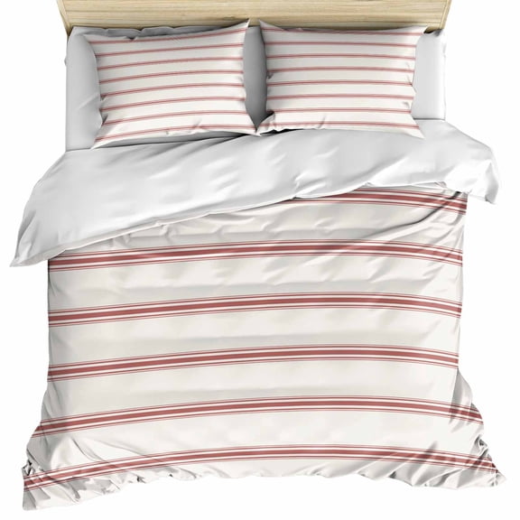 Red Striped Bedding 3 Piece Duvet Cover Set Full Size, Rustic Red Stripe Modern Art Beige Soft Microfiber Comforter Cover with Zipper Closure & Pillowcases, Wrinkle & FadeResistant Quilt Cover