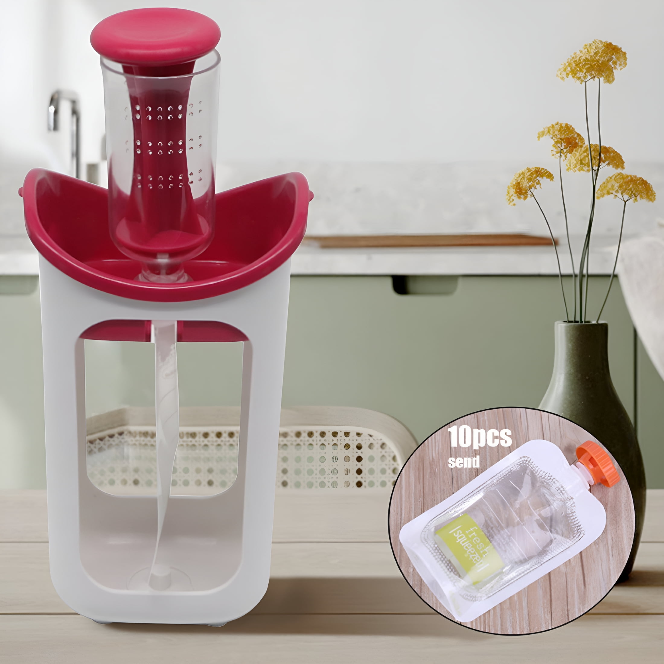 CURYMAY Baby Food Maker Puree Squeezer Station with 10 Reusable Storage Pouches-Manual Fruit Vegetable Blender for Homemade Baby Food-Portable, Dishwasher Safe, Non-Slip Base-Red/Blue