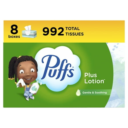 Puffs Plus Lotion Facial Tissues, 8 AIS1 Family Boxes, 124 Facial Tissues per Box, Allergies and Colds