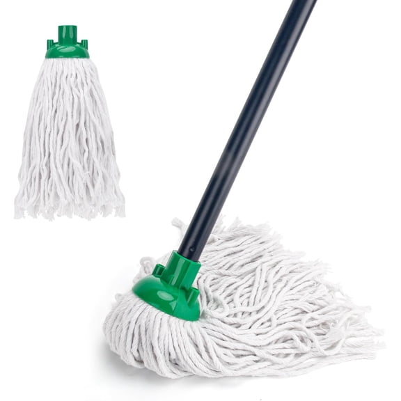 Mop With Cotton String Replacement Heads, 2 Pack, Compatible With Microfiber Cloth Mop Refill, 0.8 Inch Diameter Handle, Green, Includes 1 Handle And 2 Heads