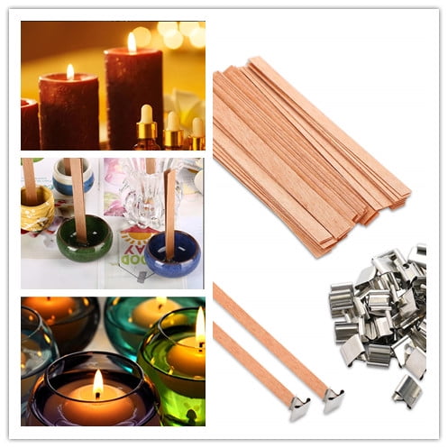 VABNEER Wood Candle Wicks with Iron Stand Sustainer for Handmade DIY Craft  Making 13 x 130mm（50 Sets）