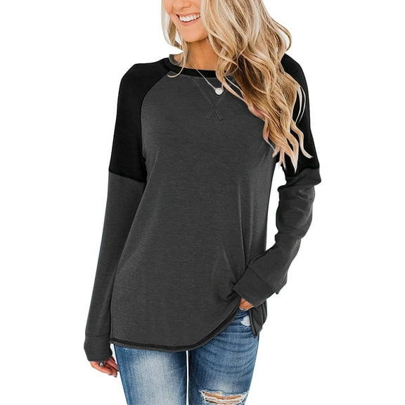 ANYJOIN Women's Casual Long Sleeve Tunic Tops Crew Neck Color Block Blouses