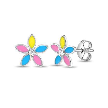 Fun Multicolor Summer Flower Kids / Teen Earrings Enamel - Sterling Silver