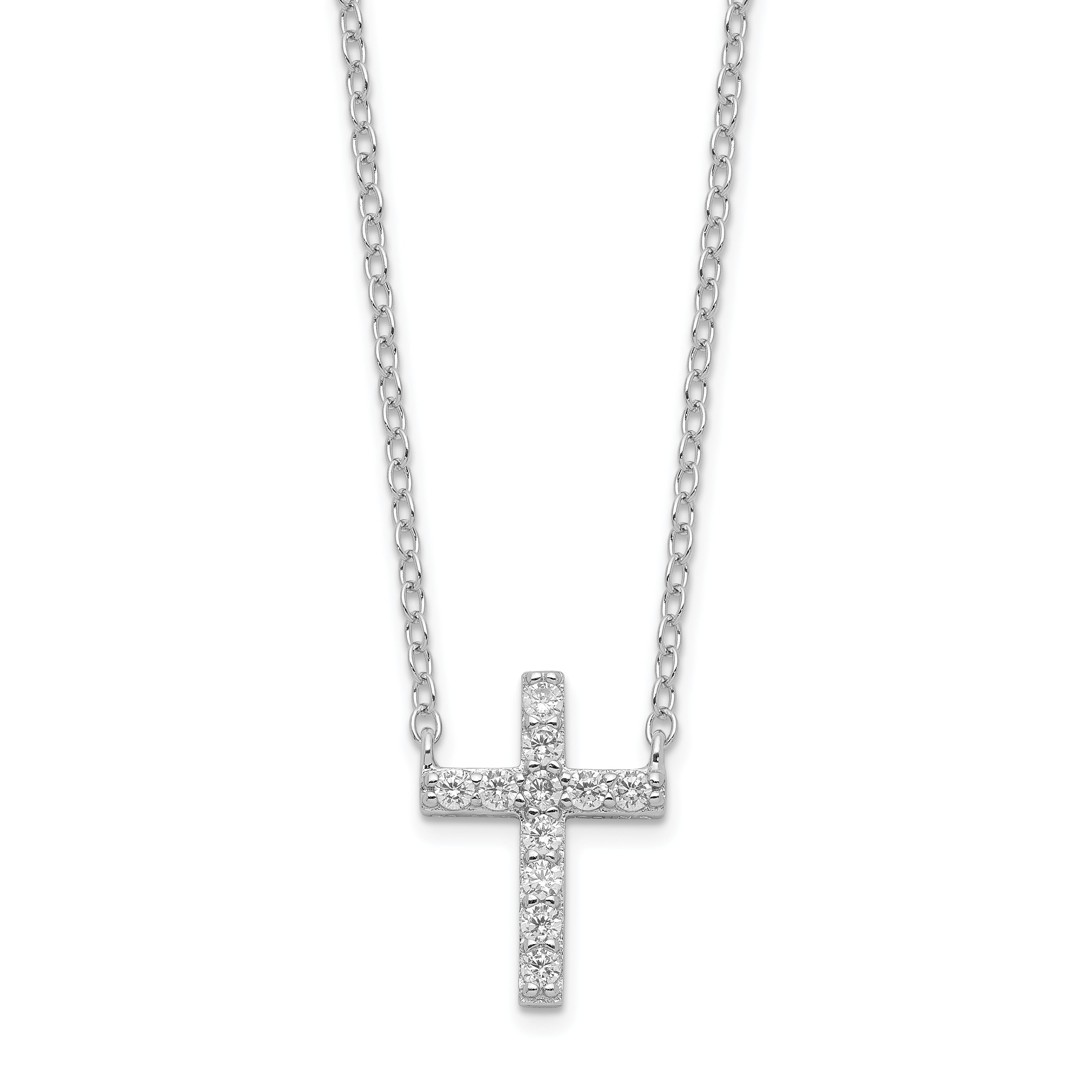 Sterling Silver Rhodium-plated Cubic Zirconia Cross with 2in Extender Pendant Necklace
