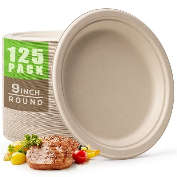 Gezond Compostable Paper Plates 9 Inch Heavy Duty Plates Bulk 125-pack, Natural Disposable Bagasse Plate Unbleached, Biodegradable Paper Plate for Party Picnic