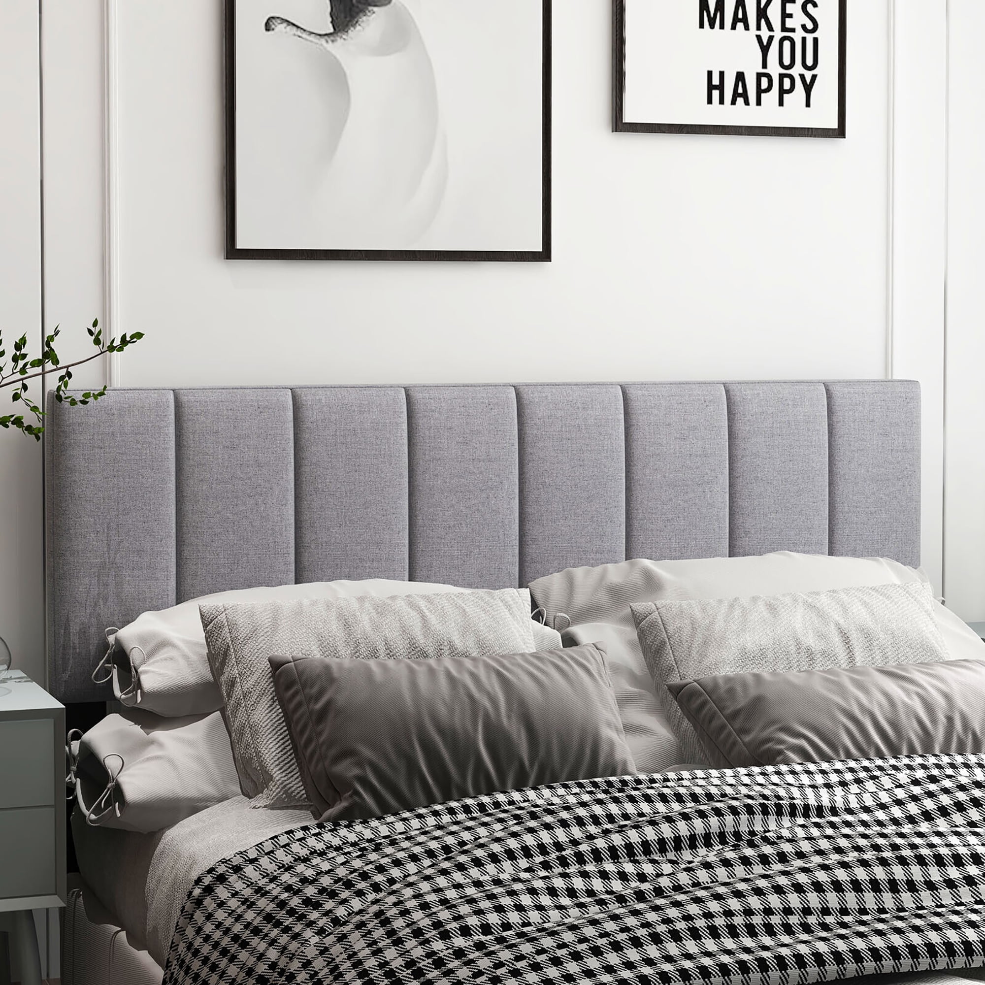 Gymax Linen Upholstered Headboard Vertical Channel Tufted Wood Leg for Full/Queen Gray