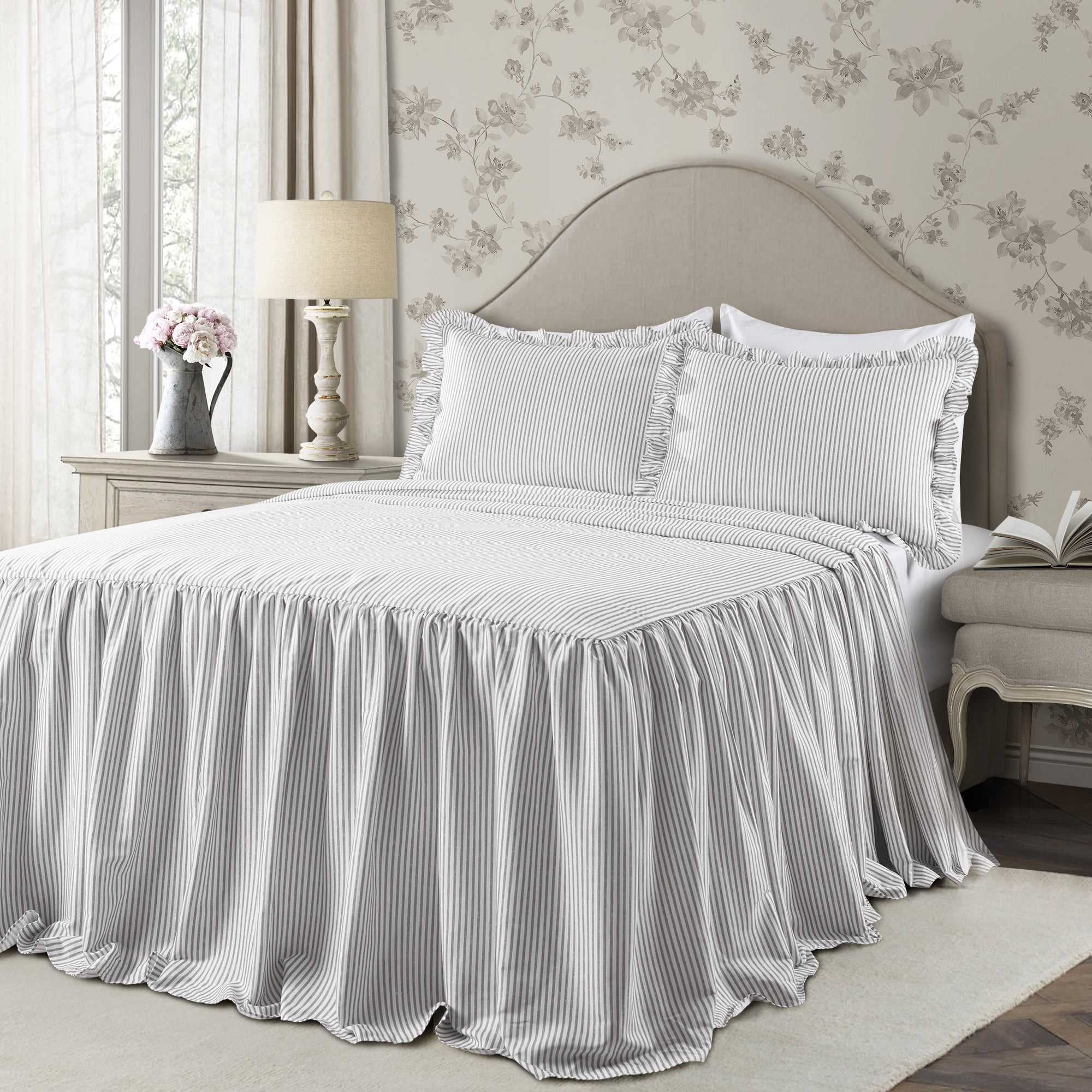 Details about   Gray Grey Yellow Floral Embroidered Stripe 8 pc Comforter Set Queen King Bedding