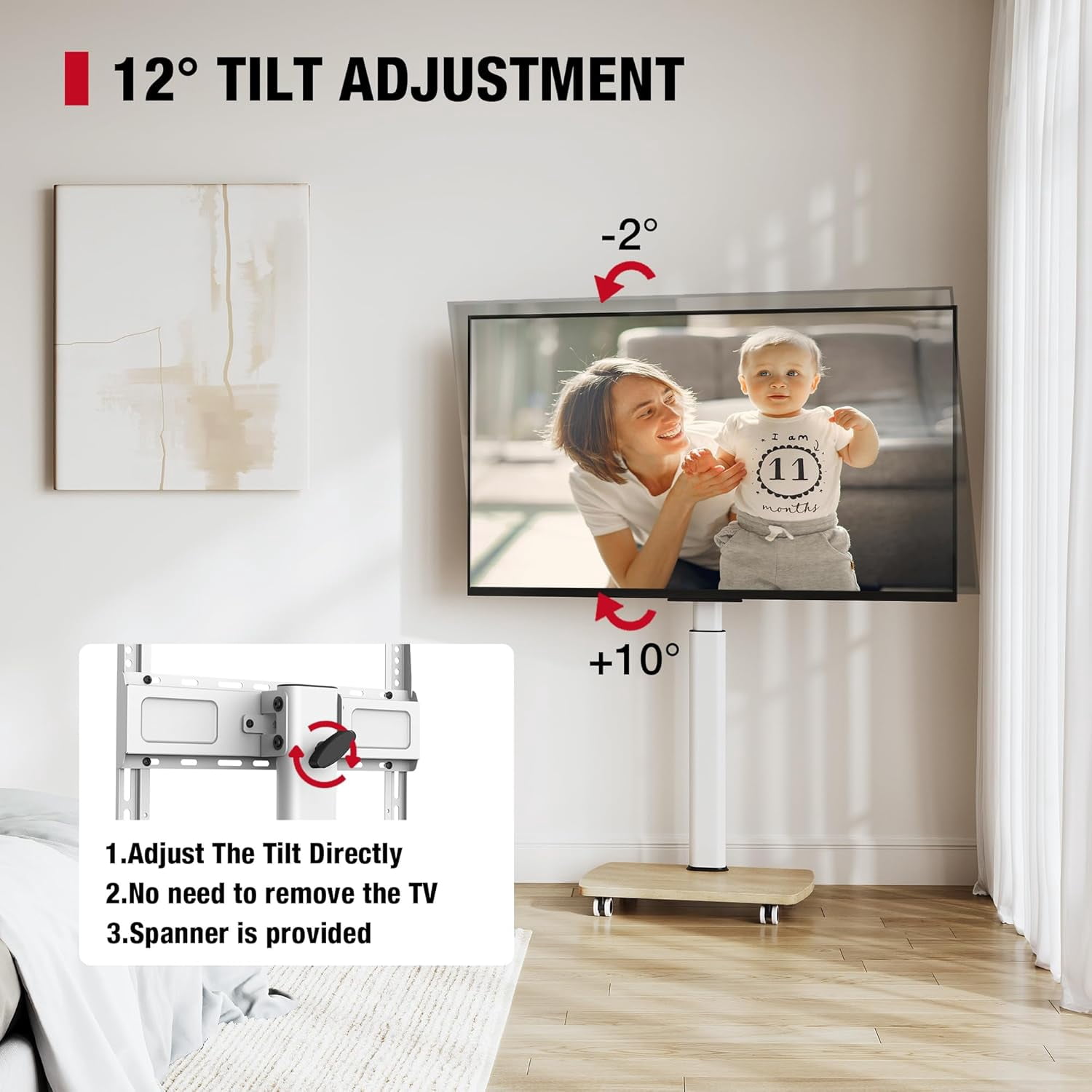 AOKCOS Rolling TV Stand for 32–65 Inch TVs, White, Portrait/Landscape Rotation, Tilt