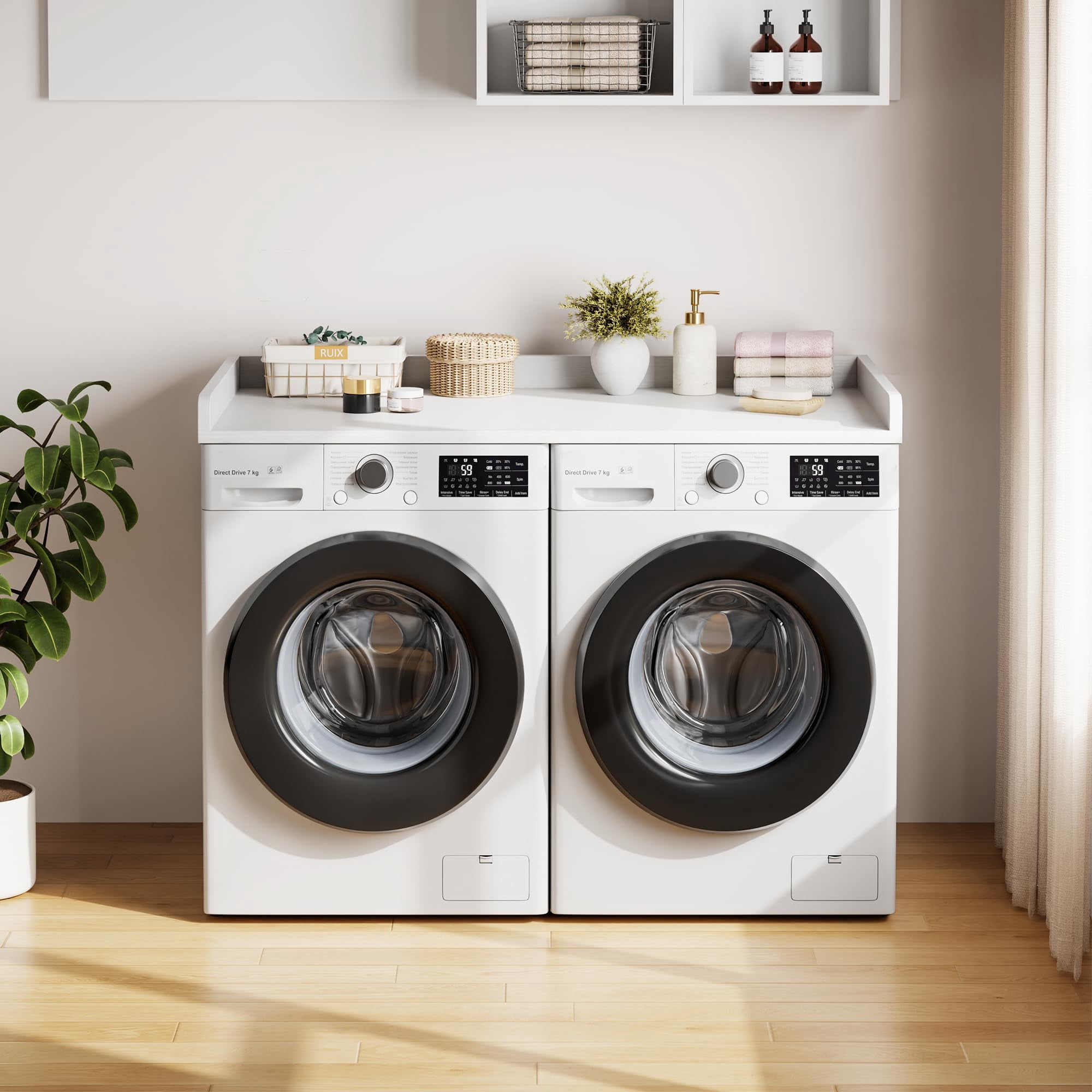 PYY Washer Dryer Countertop, 54.3" x 27.6" Wooden Laundry Countertop with Edge Rails, Washer and Dryer Topper for Laundry Room Organization and Storage, White