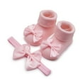 thumbnail image 1 of Esho Baby Girls Soft Lace Cotton Socks + Elastic Bowknot Headband, Infants Headwear Floor Socks Set, 0-6M, 6-12M, 1 of 8