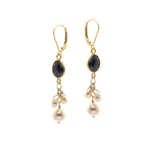 LTC Designs 14k Gold-Filled Leverback Earrings made with Black Onyx Bezel and  White Cultured Freshwater Pearl Drops for Unisex Adults