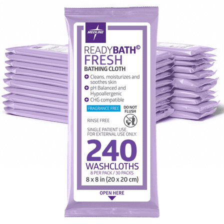 Medline ReadyBath Fresh Unscented Shower Wipes, 240 Count, No-Rinse Bath Wipes