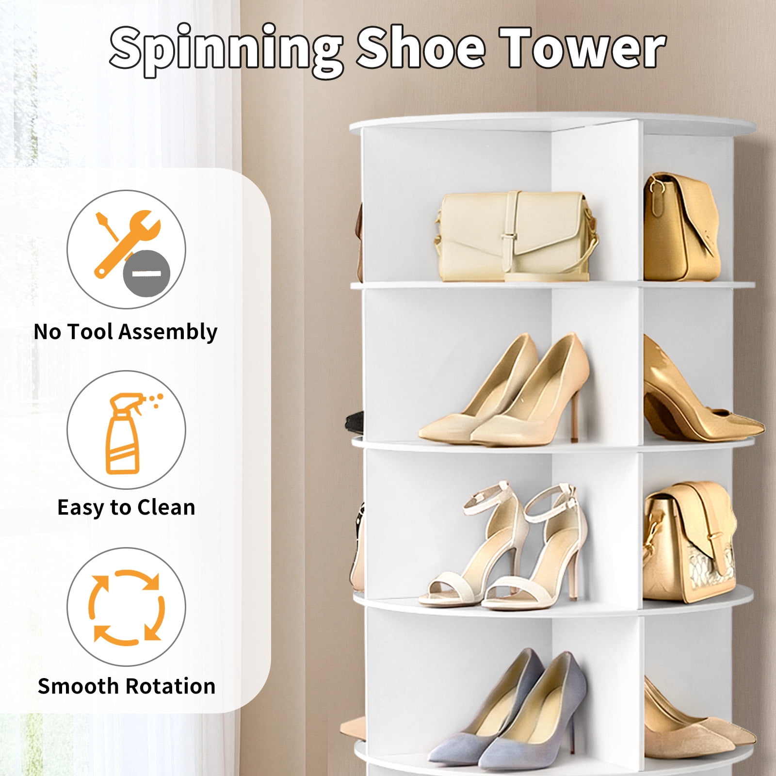 Ktaxon 7-Tier Rotating Shoe Rack Tower,  Free Standing 360° Revolving  Organizer, 28 Pairs of Shoes/ Bag, White
