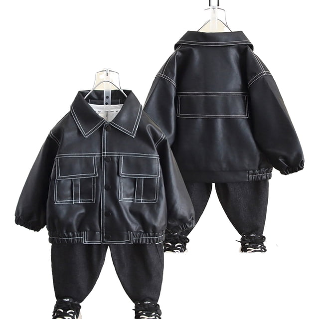 LYMAYTER 1-12Y Toddler Boys Leather Jacket Fashion Zipper Leather Jacket for Kids Spring Autumn Solid Color Leather Jacket