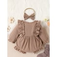 thumbnail image 3 of Lnzyyephy Infant Baby Girl Spring Jumpsuit Solid Color Long Sleeve Round Neck Bow Romper with Headband, 3 of 8