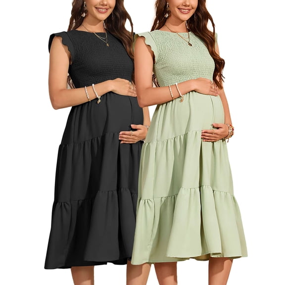 Spencer Maternity Long Dress Short Sleeve Pregnancy Dresses Smocked Casual Dress for Baby Shower Photoshoot Maternity Outfits