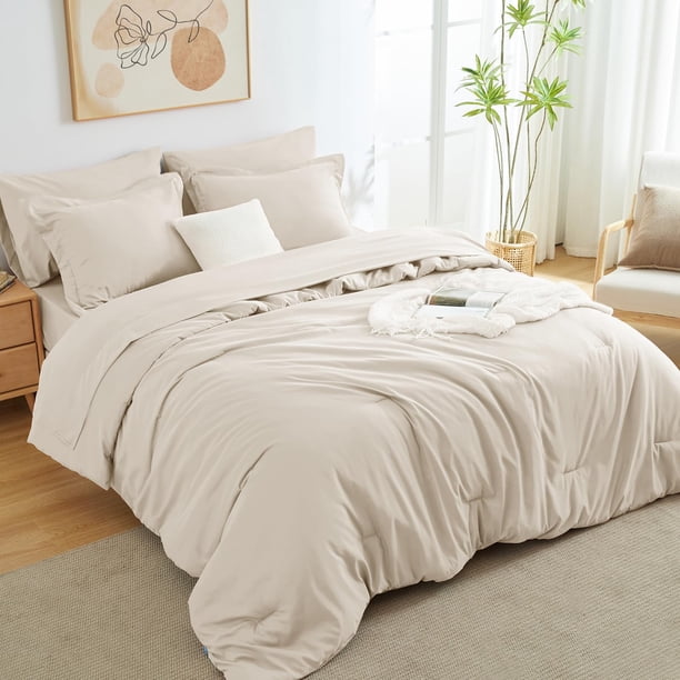 Juego de edredón CozyLux Queen, color beige, 7 piezas, cama en bolsa