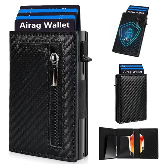 Carbon Fiber RFID Blocking Wallet for AirTag, Pop Up Card Holder Magnetic Leather Slim Minimalist Wallet with Coin Zipper Pocket for Men