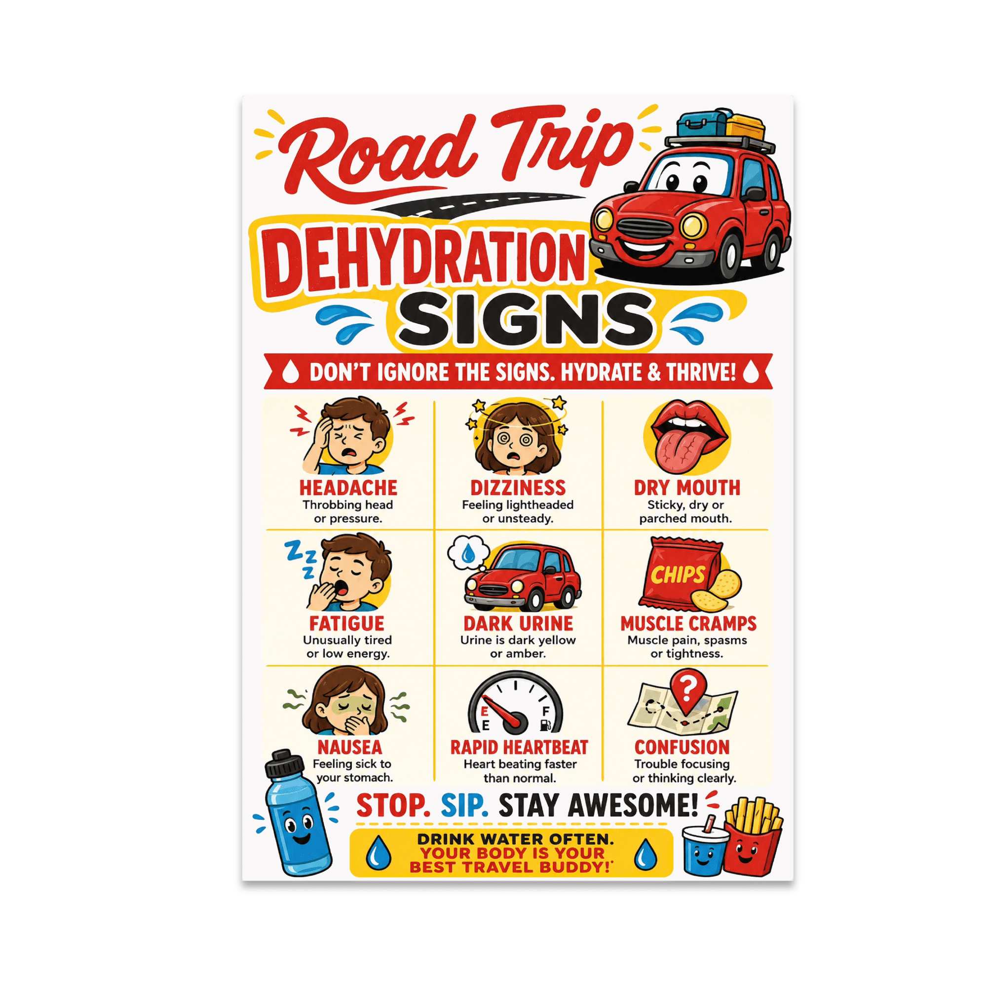 Road Trip Dehydration Reference Wall Decor - Travel Enthusiast - 13x19 Poster Print