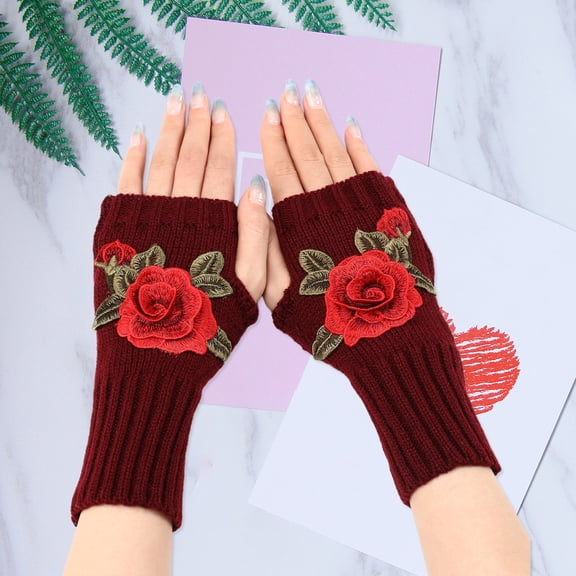 Opolski 1 Pair Knitted Gloves Fingerless Flower Embroidery Thumb Hole Elegant Stretchy Cold Resistant Soft Autumn Winter Women Writing Gloves for Outdoor Pink Black