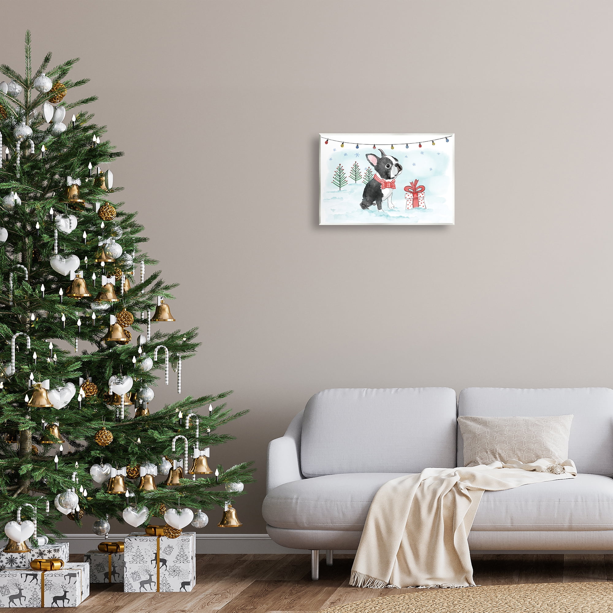Stupell Industries Snowy Boston Terrier Holiday Painting Unframed Art Prints Wall Art, 19 x 13