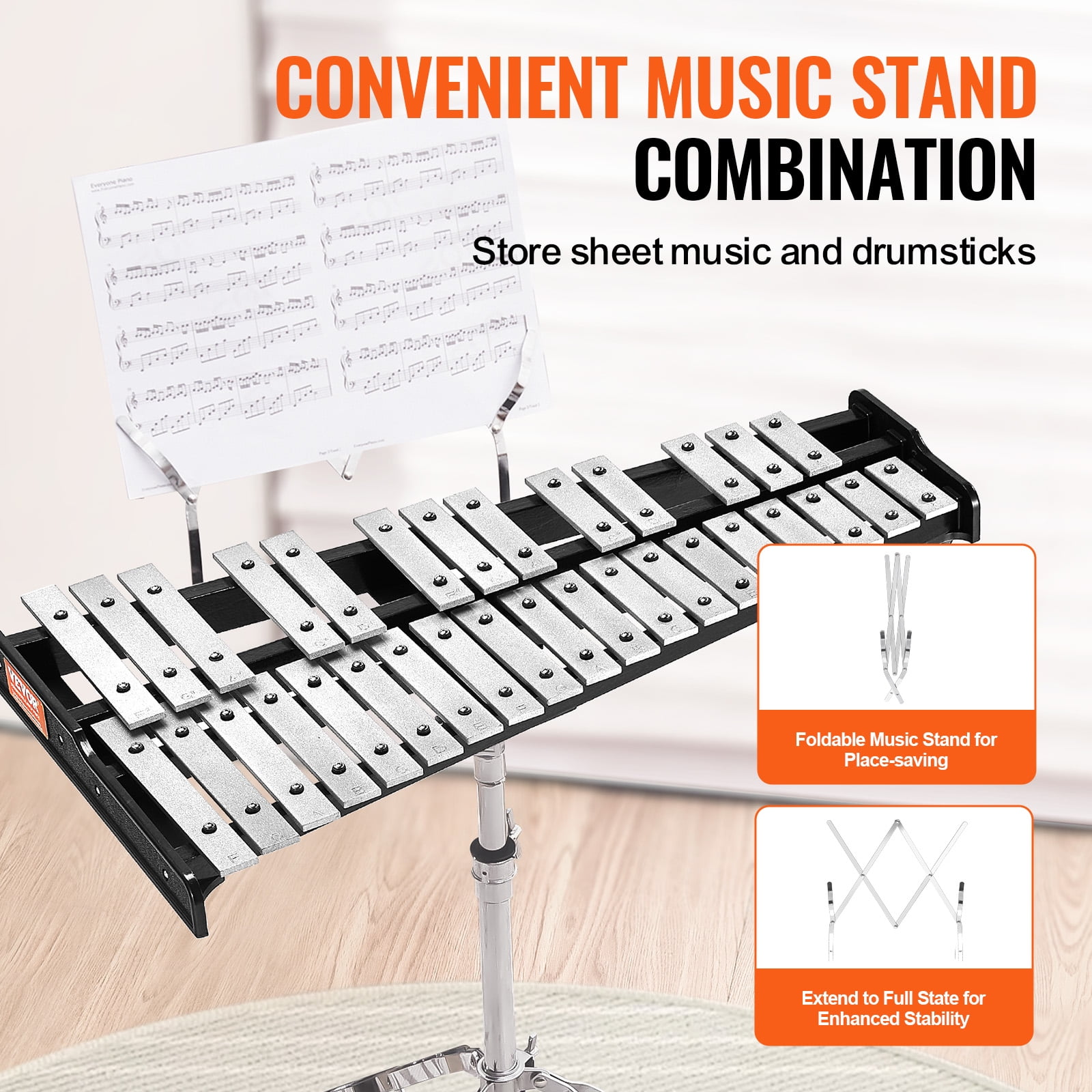 VEVOR 32 Note Glockenspiel Xylophone Bell Kit, Professional Percussion Instrument Set with Mallets, Drum Sticks, Music Stand, Adjustable Stand and Carrying Bag for Students & Adults