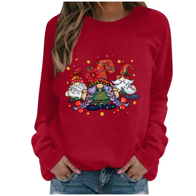 Penkiiy Hoodies pour Femmes, Tops à Manches Longues, Col Rond, Imprimé, Blouse Régulière, Sweashirts Rouges Y2K