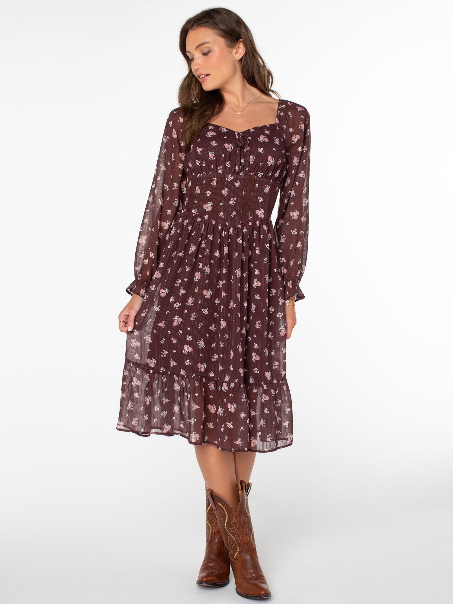 Celebrity Pink Women's Long Sleeve Basque Waist Midi Dress, Sizes XS-XXXL