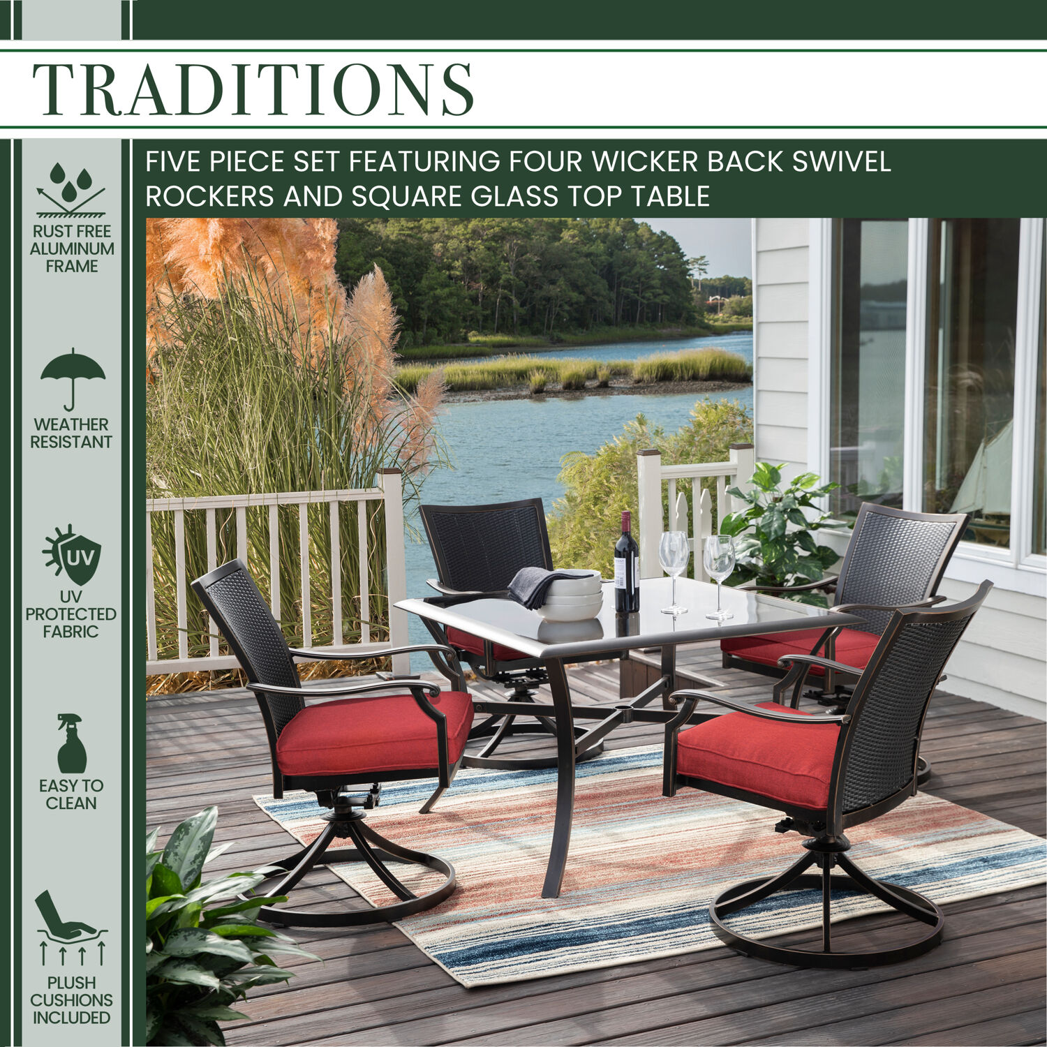 Hanover Traditions 5-Piece Outdoor Furniture Patio Dining Set, 4 Cushioned Wicker Back Cast Aluminum Swivel Rocker Chairs and 42" Square Glass Table, - image 3 of 9