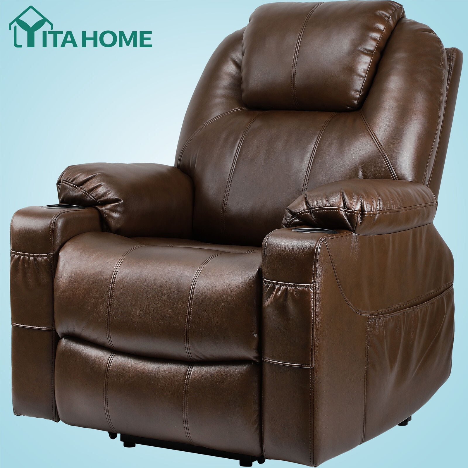 YITAHOME Lift Recliner Massage Chair Sofa with Heat Cup Holders Pockets for Elderly Brown Faux 