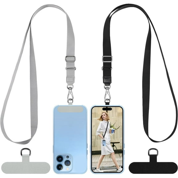Phone Lanyard, 2 Pack Elliptic Tether Tab Nylon Crossbody Lanyard for Cell Phone, Fit for iPhone & All Smartphones (Black, Grey)