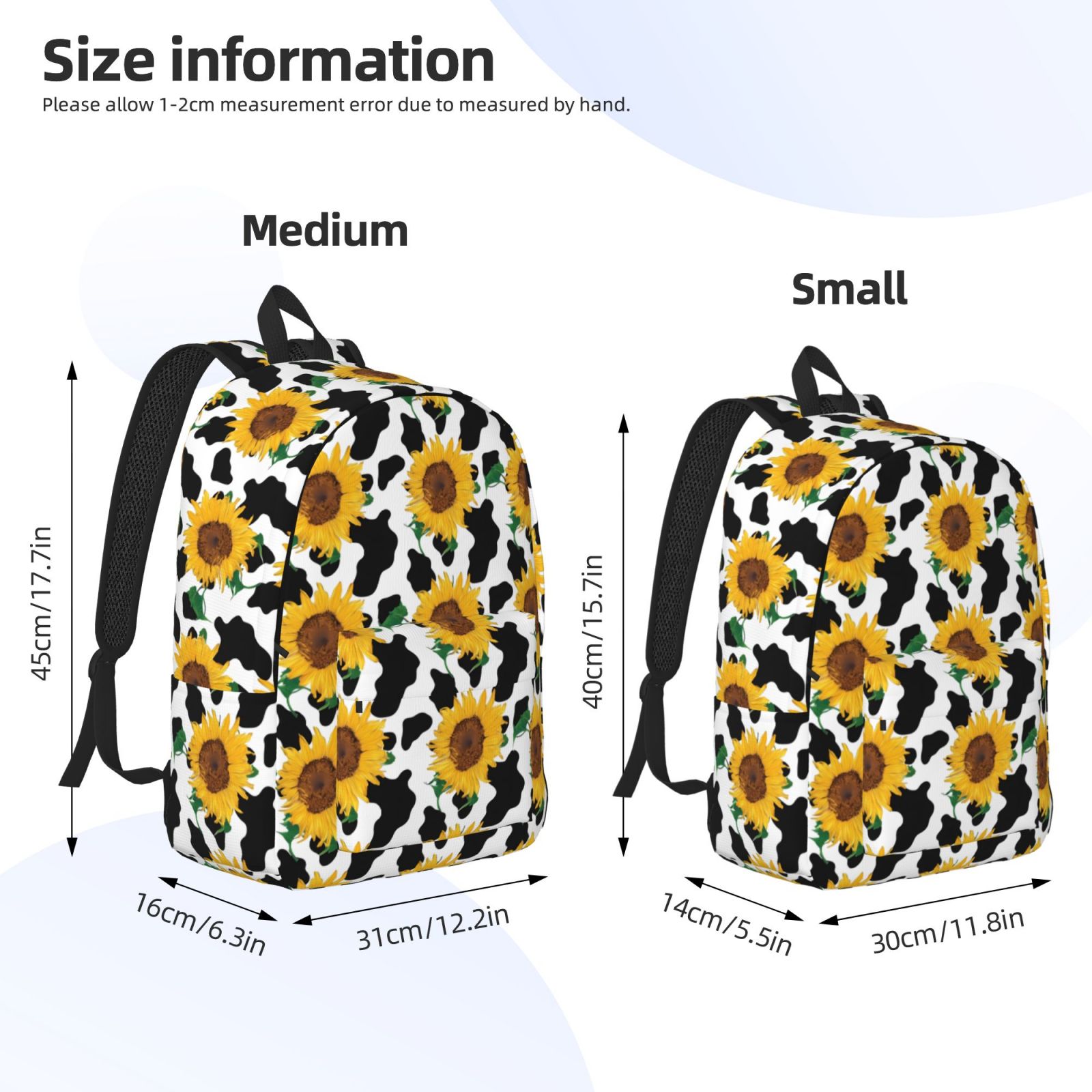 Vsdgher Cute Cow Print Sunflower B Print Canvas Backpack Travel Rucksack Unisex Knapsack 15.7/17.7Inch Laptop Backpack for Work,College -Small
