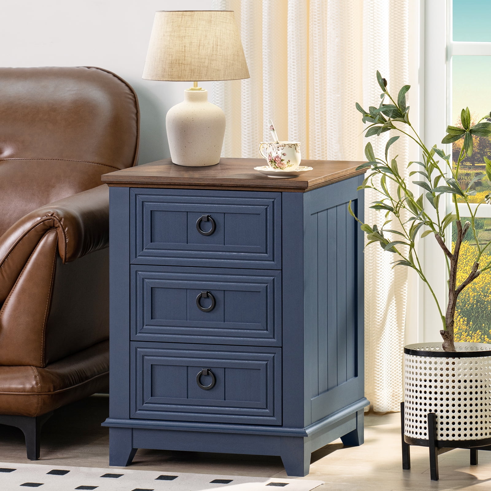 Joaxswe End Table with 3 Drawers for Living Room, Elegant Nightstand with Metal Handle for Bedroom, Blue